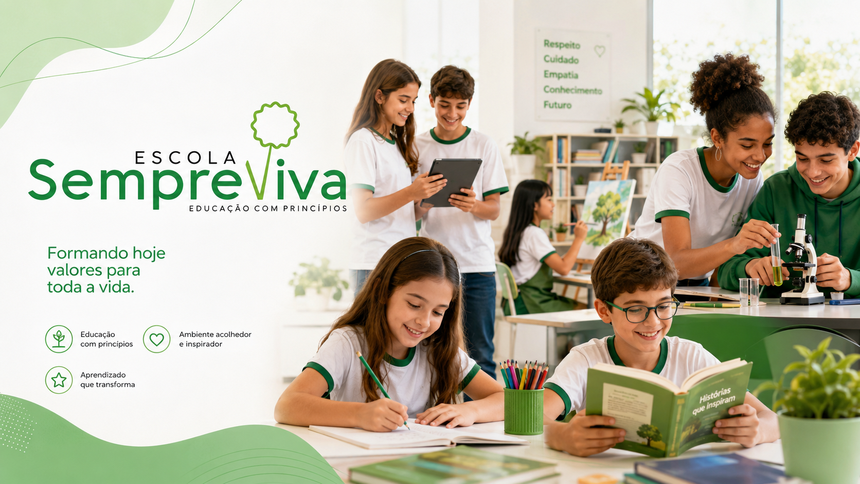 Alunos da Escola SempreViva estudando e realizando atividades em sala de aula